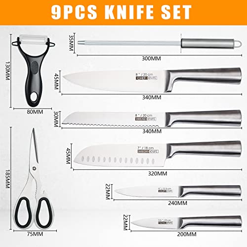 Knife Set, Professional Stainless Steel Chef Knife Set Of 9 With Rotatable Acrylic Stand For Kitchen, Ergonomic Ultra Sharp Non-Stick Kitchen Knife Set With Gift Box For Women Gifts (Silver) #TOP5