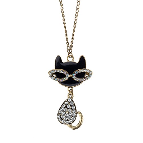 Adorable Sparkly Sweater Necklace With Rhinestones Crystals Gemstones Studded Silver Colored Cat Shaped Pendant With Black Kitten Head And Cool Glasses On Long Bronze Chain By VAGA