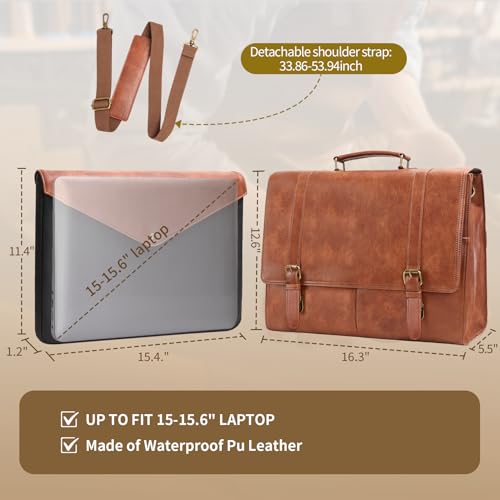 ESTARER Men's Messenger Bag for 15.6 Inch Laptop, Water-resistant Vintage Pu Leather Briefcase with Laptop Sleeve, Large Satchel Bag Computer Shoulder Bag for Work/Travel/College (2Pcs, Brown)3