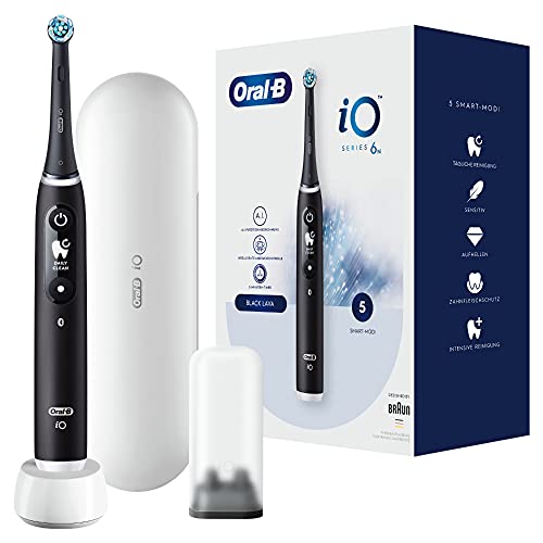 Oral-B iO Series 6 električna zobna ščetka/električna zobna ščetka, 5 načinov ščetkanja za nego zob, magnetna tehnologija, razstavna in potovalna torbica, darilo za moškega/žensko, oblikovalec Braun, črna lava