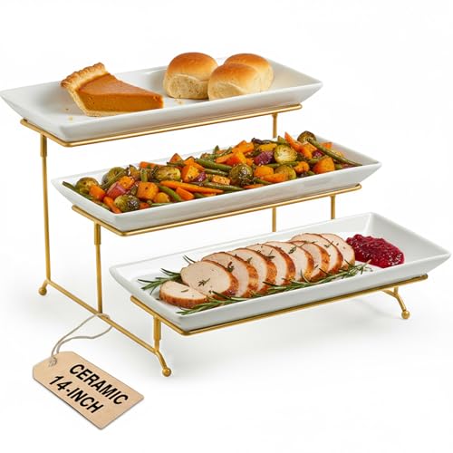 LAUCHUH Large 3 Tier Serving Stand Tiered Serving Trays Collapsible Sturdier Rack with 3 Porcelain Serving Platters for Fruit Dessert Presentation Thanksgiving Christmas Party Display Set, 14 Inch
