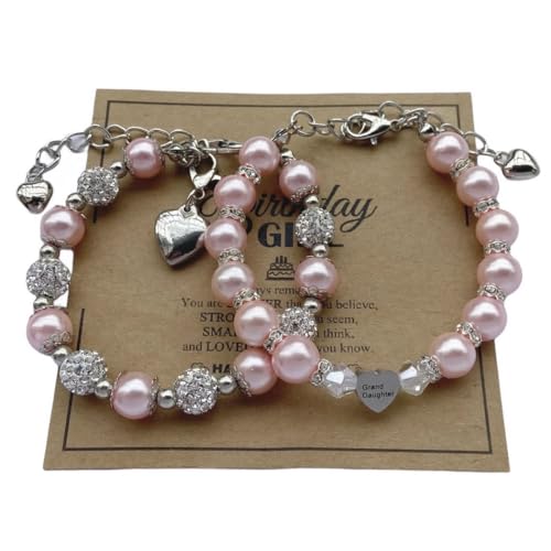 Image of DOLON 2 Pcs Imitation Pink Pearls Crystal Beads Heart Charm Bracelets Gift for Granddaughter,Sister,Daughter with Graduation Birthday Christmas First Day Wish Card