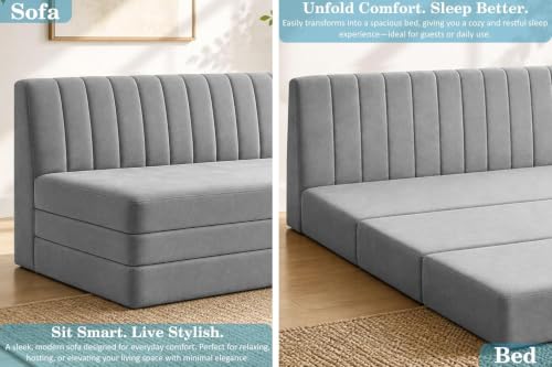 Image of 3 Seater Foldable Floor Sofa Bed with, Modern Velvet Fabric Folding Couch for Living Room, Guest Room & Small Spaces- Grey Color
