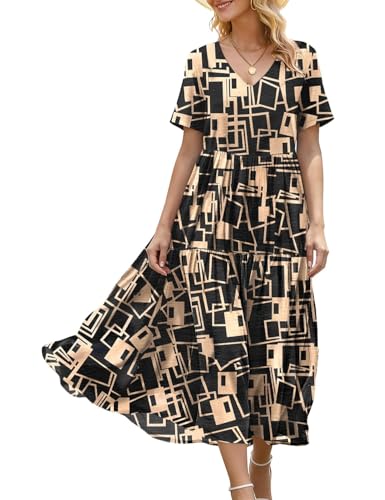 Image of YESNO Women's Summer Maxi Dresses Casual Floral Short Sleeve V Neck Boho Beach Vacation Swing Dress with Pockets EVF