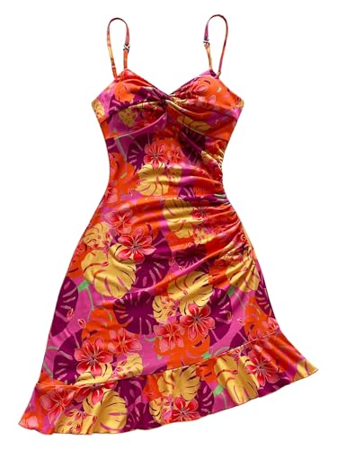 Floerns Women's Summer Tropical Twist Front Ruched Ruffle Hem Bodycon Cami Dress