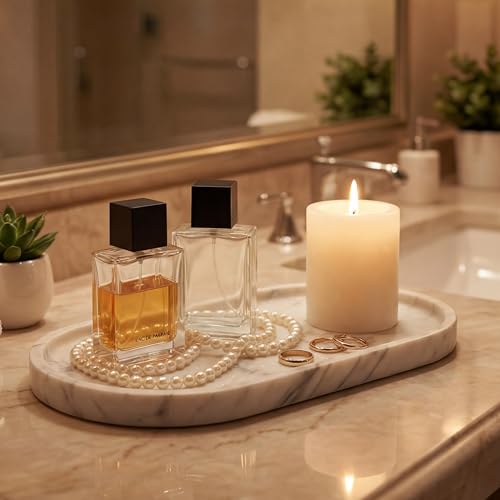 YKAJO Oval Real Marble Tray for Bathroom Kitchen Counter Stone Decorative Vanity Tray for Dresser Perfume Heavy Catchall Organizer for Soap Jewelry (Carrara White, 11.8" x 5.9") by YKAJO - Image 2