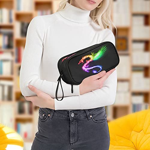 Image of Rainbow Fire Dragon Pencil Case 3 Compartment Pen Bag Pouch Holder Box School Portable Stationery Storage Bag for Girls Boys