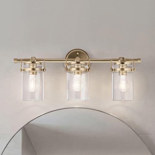 Image of Kichler Brinley 24 inch 3-Light Bathroom Vanity Light Fixture with Clear Glass in Champagne Bronze, Modern Farmhouse Mason Jar Style for Mirror Lighting (24 inch W x 10.25 inch H), 45689CPZ