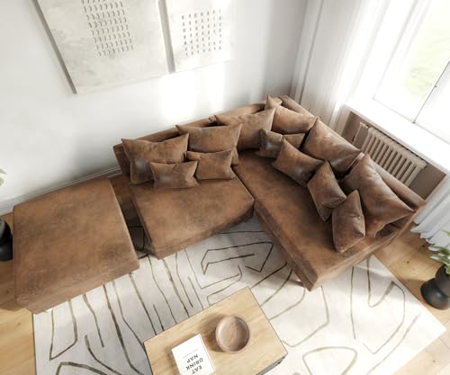 DELIFE Eckcouch Clovis Braun Antik Optik mit Hocker Ottomane Rechts Ecksofa Modular