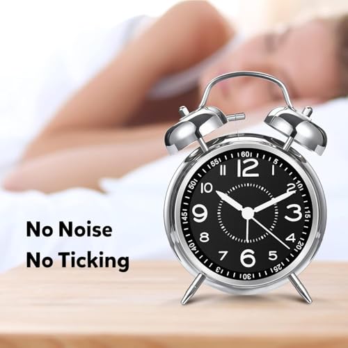 Image of Azyh Loud Alarm Clock for Heavy Sleepers Adults, Metal 4 Inches Twin Bell Battery Operated Alarm Clocks for Bedrooms Decoration, Silent Non-Ticking (Silver)