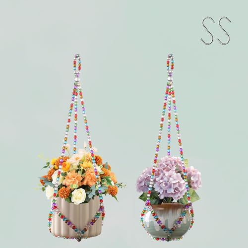 17''，2 Pack Macrame Plant Hanger, Handmade Glass Bead Plant Hanger