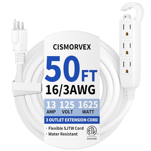 50 Ft 3 Outlet White Extension Cord Grounded Extension Cord with Multiple Outlets 16/3 AWG 3 Prong Power Strip for Indoor Use 13A 125V 1625W ETL Listed White