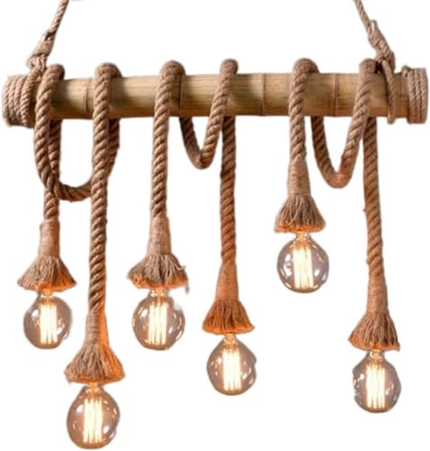 Lampe suspendu corde de chanvre vintage lustre loft industriel 6 douilles E27 pour bar