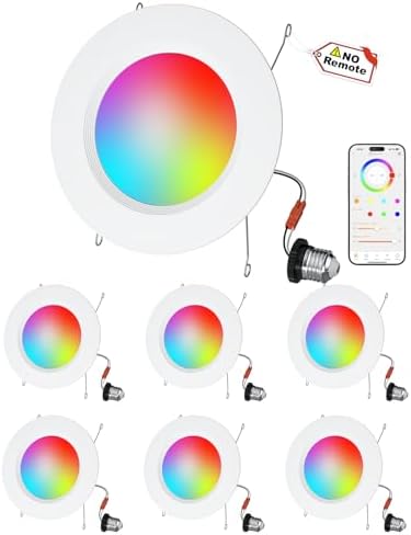 LED Recessed Lighting 6 inch/5 inch, Smart RGB Bluetooth Can Lights, 13W 1050LM, Color Changing, Retrofit Led Recessed Light Compatible with Alexa for Bedroom Living Room Kitchen, 6Pack