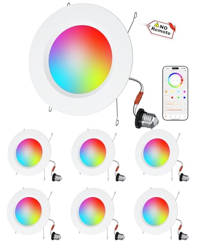 Neliwo LED Recessed Lighting 6 inch/5 inch, Smart RGB Bluetooth Can Lights, 13W 1050LM, Color Changing, Retrofit Led Recessed Light Compatible with Alexa for Bedroom Living Room Kitchen, 6Pack