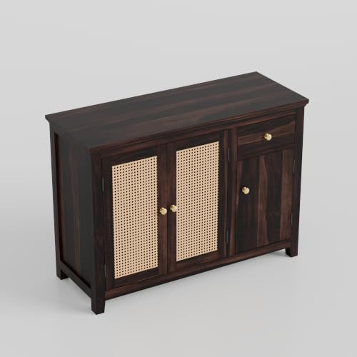 Image of Solid Sheesham Wood Sideboard Cabinet with 2 Cane Doors, Storage Shelves & Drawer | Wooden Storage Cabinet for Living Room, Dining Room & Hallway | Buffet Console Cabinet for Home Decor |Walnut Finish