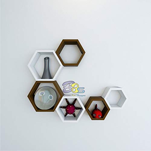 Image of BAS Engineered Wood Brown Art Shoppee Decorative Display With Hexagon Shape Set Of 6 Floating Wall Shelves And Racks For Living Room (Brown & White)