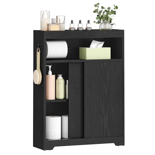 Hzuaneri Slim Bathroom Storage Cabinet, Toilet Paper Storage Cabinet with Sliding Doors, Small Cabinets with Toilet Paper Holder, Adjustable Shelf, Next to Toilet, for Small Spaces, Black BC62804X