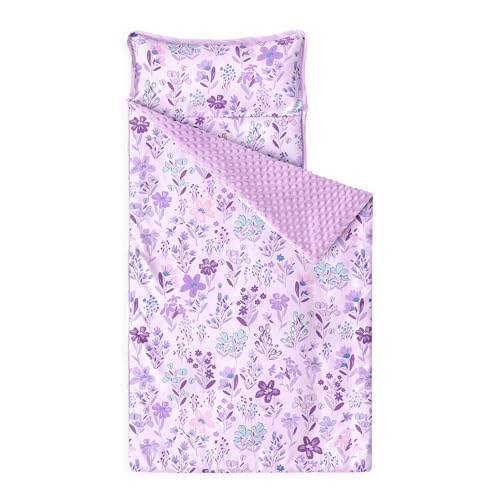 Image of Wake In Cloud - Toddler Nap Mat with Pillow and Minky Fleece Blanket, for Kids Girls Ages 3 Plus in Daycare Preschool Kindergarten, Roll Up Sleeping Bag, Floral Flowers