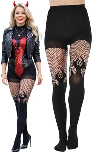 Image of ToBeInStyle Women's Flame Burning Fire Tights w /Devil-Inspired Print Hosiery