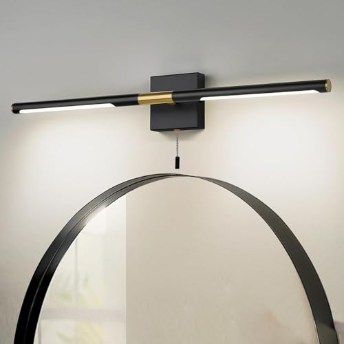 Image of 24 Inch Black and Gold Bathroom Vanity Light with Pull Chain Switch, Modern Over Mirror Wall Sconces Lighting, 6000K 360 Bath Light Fixture with Adjustable Lamp Tubes