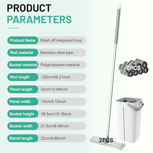 2 Stück Wischmopp Set mit Eimer, Bodenwischer mit 8 Mikrofaser Padsund 125cm Teleskopstiel, 360-Grad-Drehkopf, Household Reinigungswerkzeug mit 2-Kammer Design Separates Nass und Trockengebrauch, Weiß – Bild 3