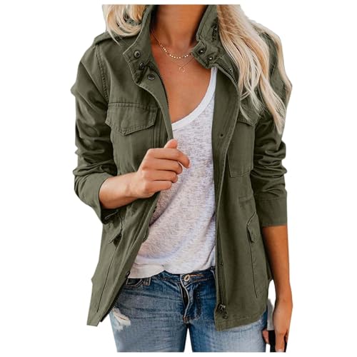 Chaqueta militar con múltiples bolsillos para mujer, chaqueta ligera con botones a presión, chaqueta bomber para mujer con bolsillos, verde, M