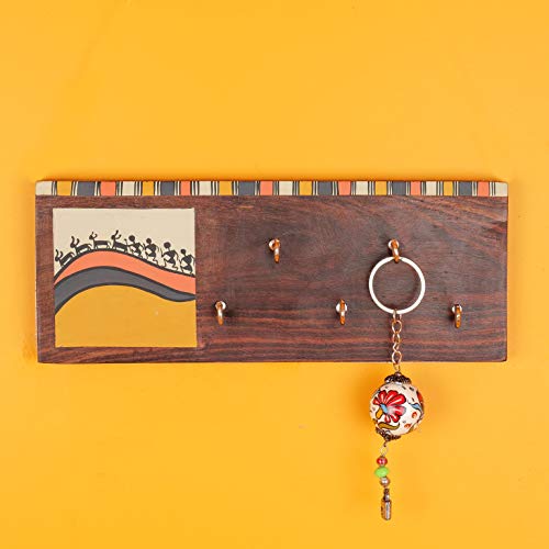 Image of Artysta 'Celebration of Life' Yellow and White Wooden Key Holder for Wall Stylish Decorative Keychain Holder Key Hanger for Home Decor (5 Hooks)