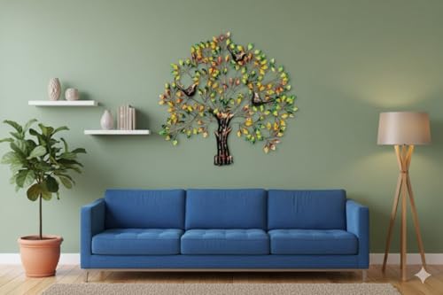 Image of Bharat Art Metal Iron 3 Bird Tree Multi Decorative Wall Art | Handcrafted Metal Wall Sculpture for Living Room Bedroom Office Hotels Cafe | Multicolor | 30 x 1 x 30 Inch | W051 (B)