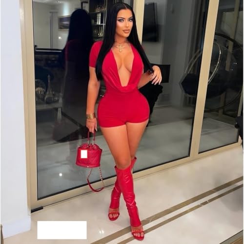 Image of Molilove Sexy Romper for Women Short Sleeve Deep V Neck Bodycon Short Jumpsuit One Piece Y2K Party Clubwear