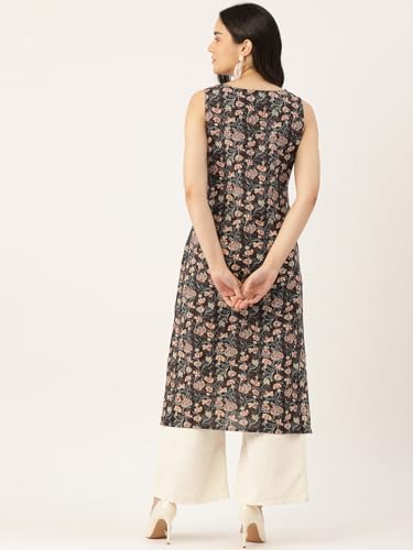 Image of feranoid Women's Pure Cotton Floral Print Straight Kurti | Elegant Curved V-Neck | Sleeveless Calf-Length Ethnic Wear | Comfortable Regular Fit | Sizes XS-XXL