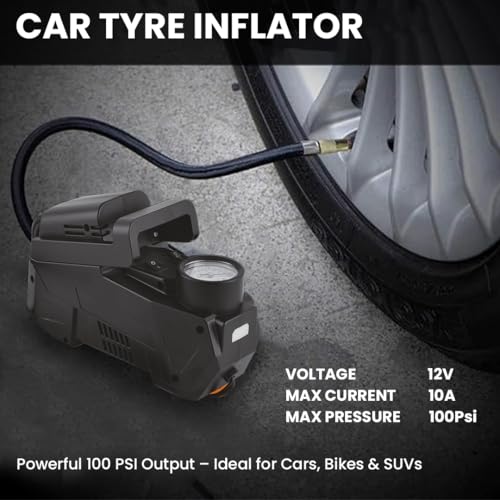 Image of MEGAAUDIO MATI08 Digital Tyre Inflator | 12V, 10A, 120W Power, 100 PSI High Pressure Output | Vertical Air Compressor with Emergency LED Light, Fast Inflation Pump for Cars, Bikes, Balloons