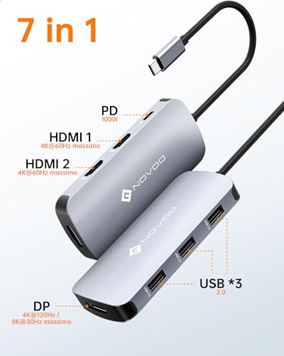 Docking station USB C Con Display Triples, NOVOO 7 in 1 laptop Adattatore Doppio Monitor, DP Singolo 8K@30 Hz, Doppio HDMI 4K@60 Hz, 3 Porte USB A, PD 100W Per laptop MacBook, Dell, HP, Lenovo - Immagine 1