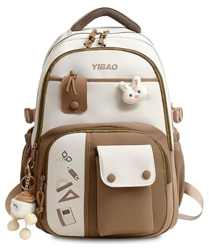 Image of Cute School Backpack for Girls - Stylish Pink & White Large Capacity Bookbag with Plush Keychain, Multiple Pockets, Lightweight Travel & College Bag