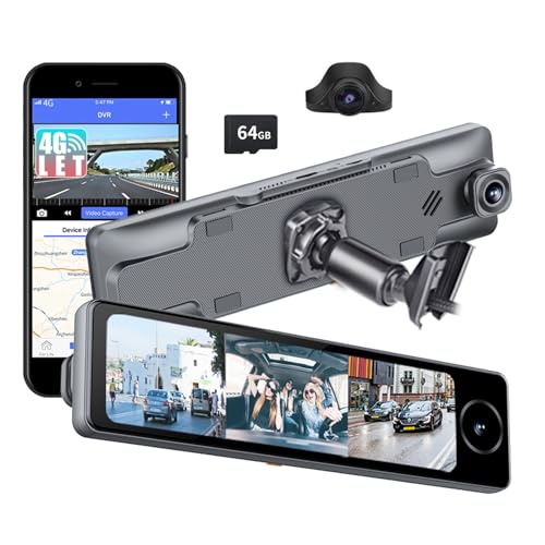 10.88”IPS Screen Rearview Mirror with OEM Bracket Dash cam 3 Channels Cameras Front Inside Rear Triple Lens Android 10.0 OS ADAS GPS Navigation WiFi SOS Key 4G LTE Security Cam for Cars