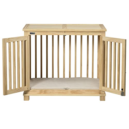 Pawhut Hundekäfig, Tierkäfig aus Holz, Haustierkäfig für mittelgroße Hunde, Hundehütte mit Kissen, Hundebox, Indoor, Naturholz+Cremeweiß, 82,5 x 57 x 72 cm