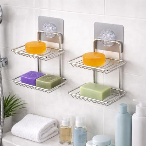 Image of Pack 2 New Creative Wall Mounted Double Layer soap Dish Holder|soap Dish Stand|Stainless Steel Wall Hanging Soap Storage Rack for Kitchen Bathroom-with Self Adhesive Magic Sticker(Set-2)