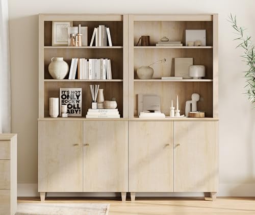 Image of WAMPAT 71 inch Tall Bookcase with Doors & Storage Cabinet, 2 Column Modern 5-Tier Bookshelf with Adjustable Shelf, 71 inch Wide Wooden Display Book Shelf for Home Office, Living Room, Bedroom, Light Oak