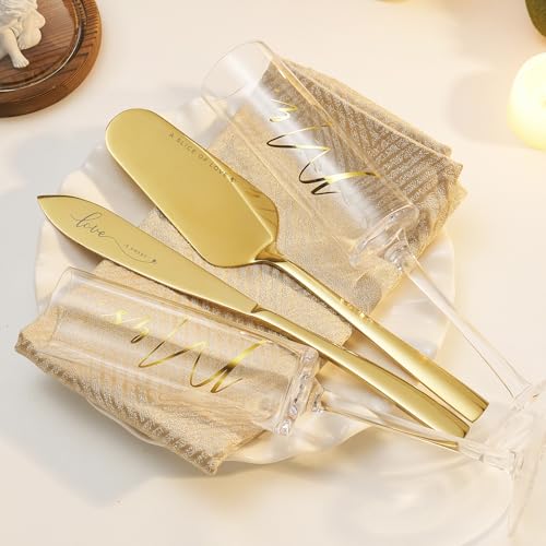 Image of AW BRIDAL 4Pcs Mr and Mrs Champagne Flutes with Gold Wedding Cake Knife