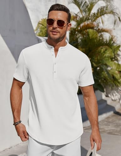 COOFANDY Men's Henley Shirt Short Sleeve Stand Collar Summer Casual Beach Hippie T-Shirts2