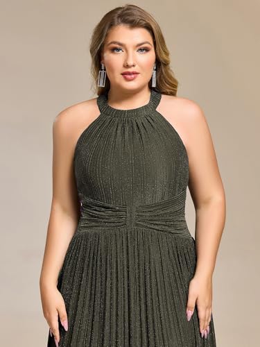 Image of Ever-Pretty Plus Women's Floor Length A-Line Halter Sleeveless Pleated Glitter Plus Size Formal Dress Evening Gown