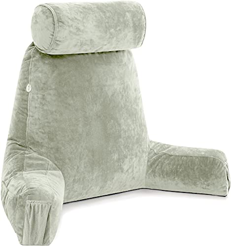Image of Husband Pillow Medium Reading Pillow with Arms - 23" Backrest for Sitting Up in Bed - Firm Support Bed Rest Pillow for Adults, Neck Roll, Removable Cover - TV, Reading, Lounging - Desert Sage