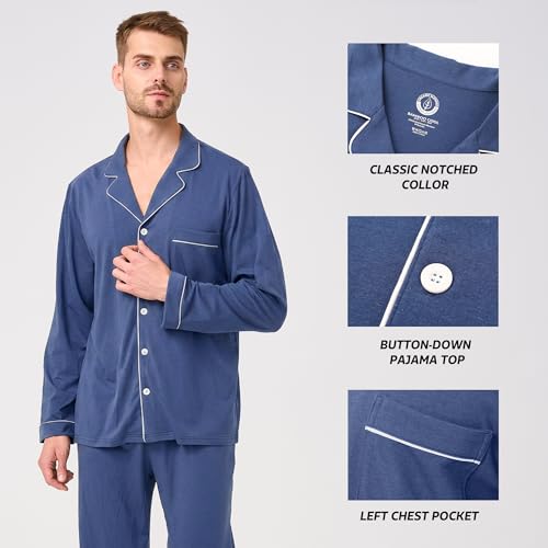 Image of BAMBOO COOL Mens Pajama Set Bamboo Viscose Cotton Soft Lightweight Loungewear Sleepwear Long Sleeve and Pants with Pockets