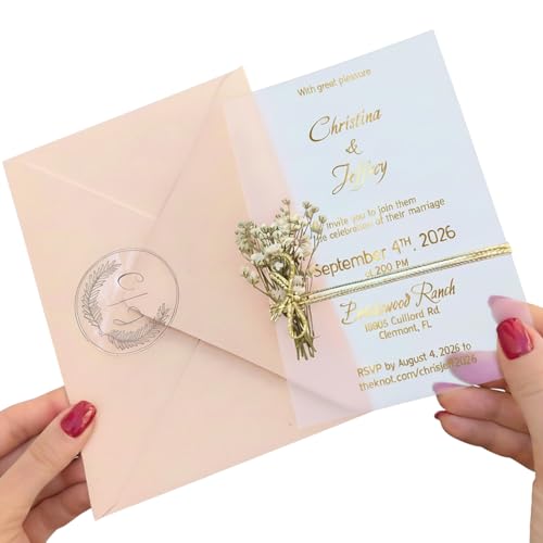 vitawed Set of Acrylic Wedding Invitations with Vellum Jacket - Gold Foil Wedding Invitation - Flower Twined Clear Invitations with Envelopes & Stickers
