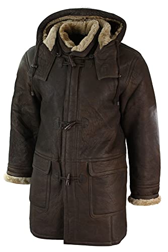 Mens Winter Real Sheepskin Leather Duffle Safari Jacket Tan ginger & Ginger Hood2