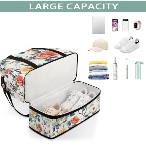 Sports Gym Bag Red Flower Watercolor Large Travel Duffel Bag With Shoe Compartment Foldable Waterproof Carry-On Weekend Travel Bags for Camping Overnight Yoga Hospital Travel Bags4