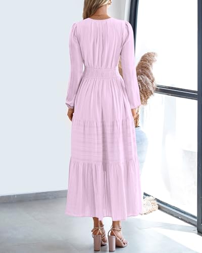 BTFBM Fall Dresses for Women 2025 Casual Long Sleeve V Neck Elastic Waist Lightweight Maxi Wedding Guest Dress Pockets