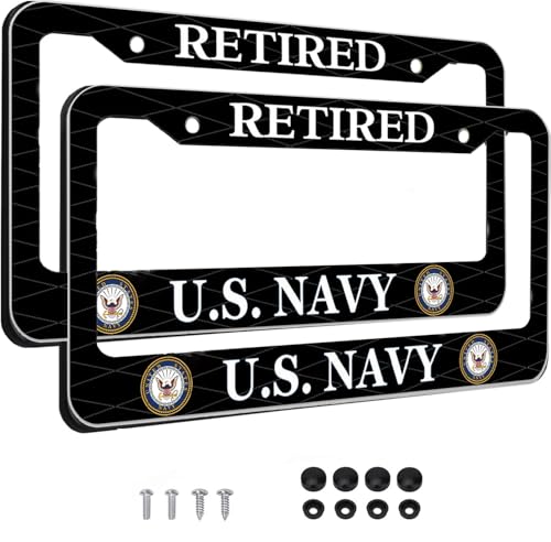 Image of 2PCS License Plate Frames for Retired U.S.Navy,Car License Plate Bracket Holder, Premium Aluminum Alloy Weather Proof License Plate Covers with Screw Caps Cover Set Car Accessories