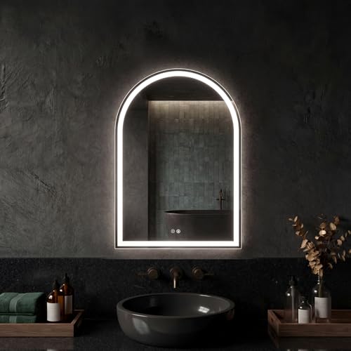 Image of NEWBULIG 28X20 Inch Arched LED Bathroom Wall Mirror with Lights, Light up Vanity Bathroom Mirror for Over Sink, Anti-Fog and Dimmable, Front Light and Backlit, Memory Function, Shatter-Proof, White