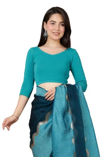 Image of Mlada V-Neck Stretchable Saree Blouse Top for Women | Slim Fit 3 /4th Sleeves Solid Cotton Blouses | Readymade Saree Blouses for Women Festive & Ethnic | Blouse Crop Top